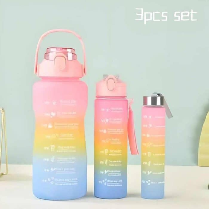 3PCS Water Bottle Set with Straw – 2000ml, 900ml, 300ml (Includes Stickers)